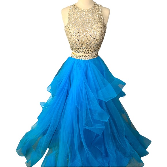 TWO PIECE Mesh Rhinestone Crop Top Prom Dress Full Skirt Blue Sz 12 - Picture 4 of 16
